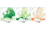 Figure 1. Richness of freshwater fish species across Europe indicated as either susceptible (middle panel) or non-susceptible (left panel) to climate change, and the relative share of susceptible species in the local total species richness (right panel). Figure 1. Richness of freshwater fish species across Europe indicated as either susceptible (middle panel) or non-susceptible (left panel) to climate change, and the relative share of susceptible species in the local total species richness (right panel).